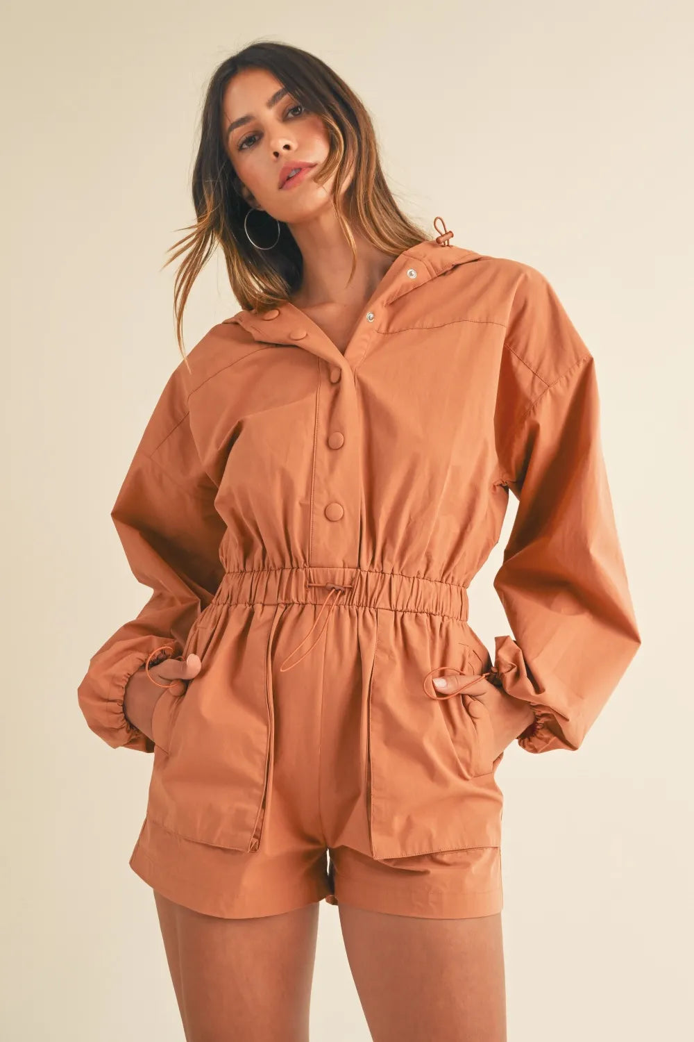 Mable Snap Down Long Sleeve Hooded Romper-Soul Flow Apparel