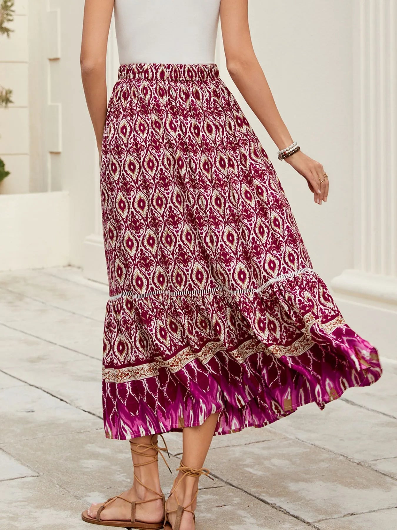 Bohemian Printed Ruched Maxi Skirt-Soul Flow Apparel