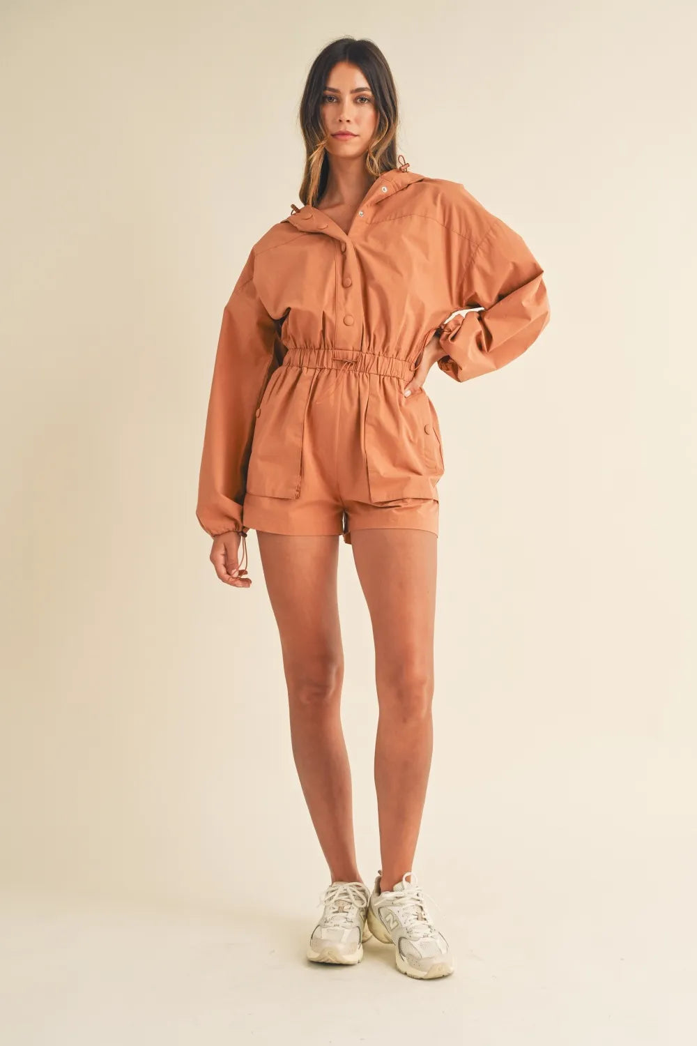Mable Snap Down Long Sleeve Hooded Romper-Soul Flow Apparel