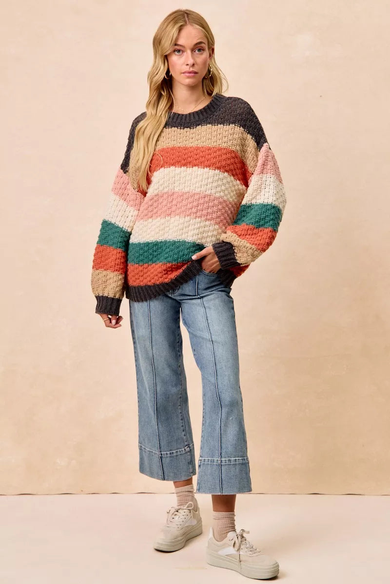 Trendsi boho color block sweater featuring vibrant stripes and a cozy texture for trendy styling