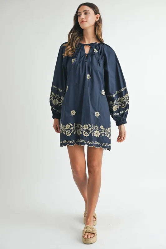 MABLE Embroidered Long Sleeve Peasant Mini Dress-Soul Flow Apparel