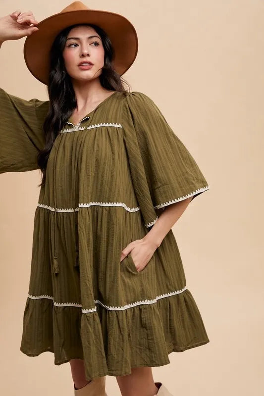 Annie Wear Tassel Contrast Trim Tie Neck Half Sleeve Tiered Dress-Soul Flow Apparel