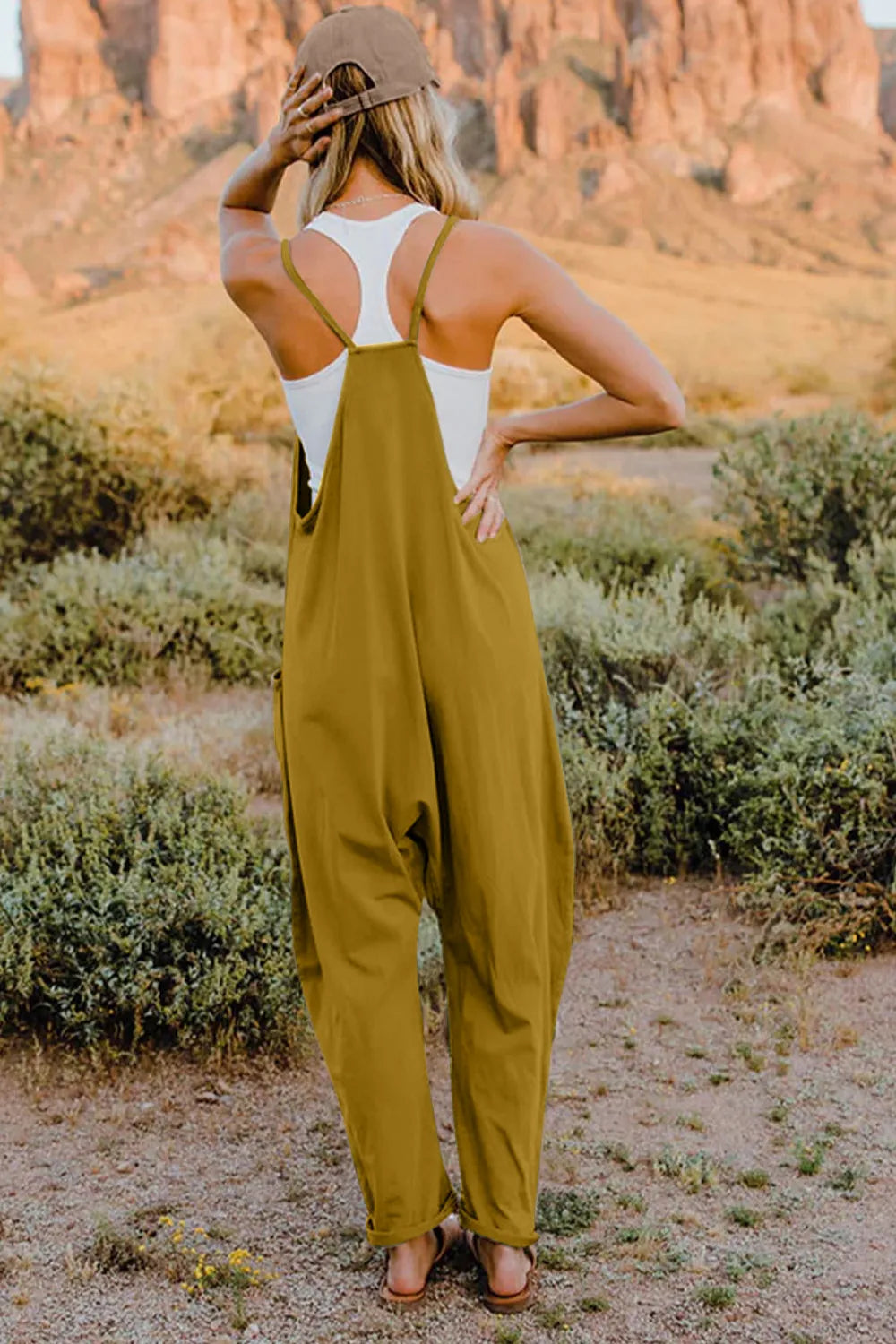 Double Take Full Size V-Neck Sleeveless Jumpsuit with Pockets-Soul Flow Apparel