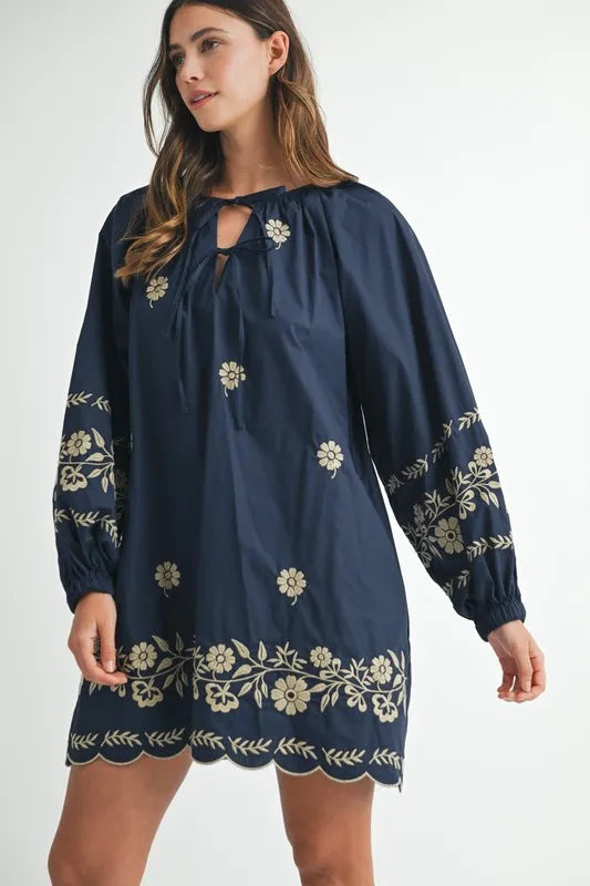 MABLE Embroidered Long Sleeve Peasant Mini Dress-Soul Flow Apparel
