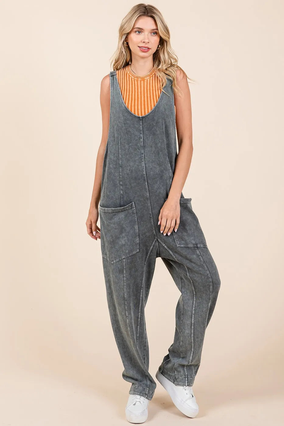 Mittoshop Mineral Wash Relaxed Fit Sleeveless Harem Jumpsuit-Soul Flow Apparel
