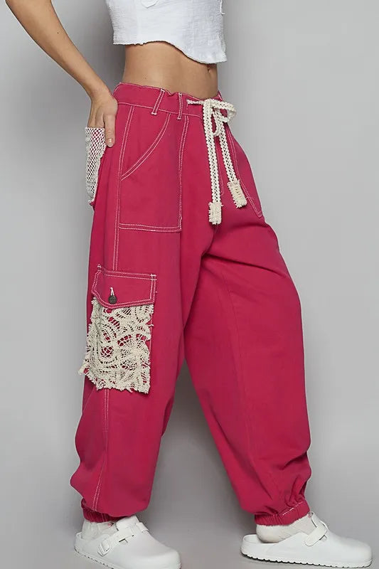POL Crochet Overlay Pockets Drawstring Pants-Soul Flow Apparel