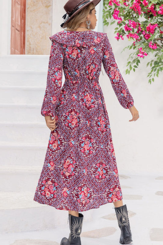 Printed Long Sleeve Slit Midi Dress-Soul Flow Apparel