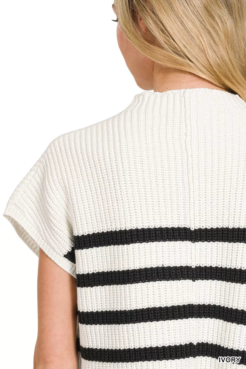 Back view of a boho striped sweater top in ivory with black stripes and short sleeves