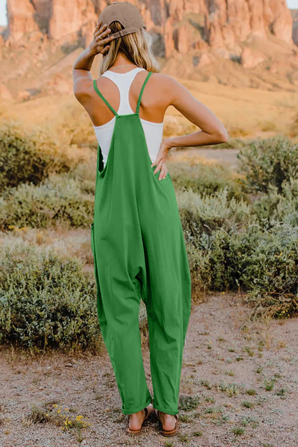 Double Take Full Size V-Neck Sleeveless Jumpsuit with Pockets-Soul Flow Apparel