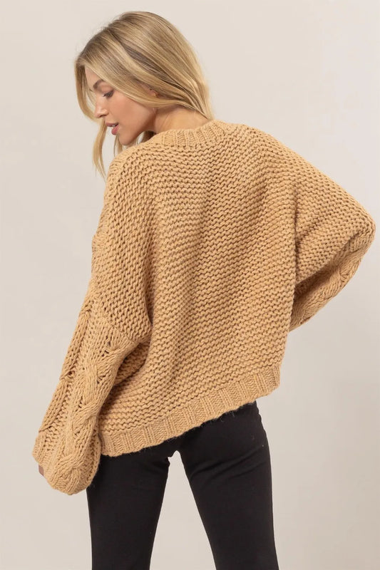 Trendsi boho cable knit sweater in warm beige with relaxed fit and open weave details
