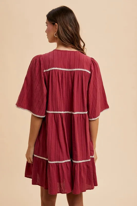 Annie Wear Tassel Contrast Trim Tie Neck Half Sleeve Tiered Dress-Soul Flow Apparel
