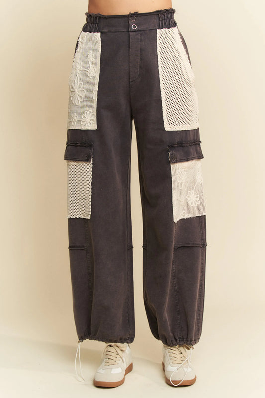 Davi & Dani Lace Patchwork Bottom Opening Adjustable Pants-Soul Flow Apparel