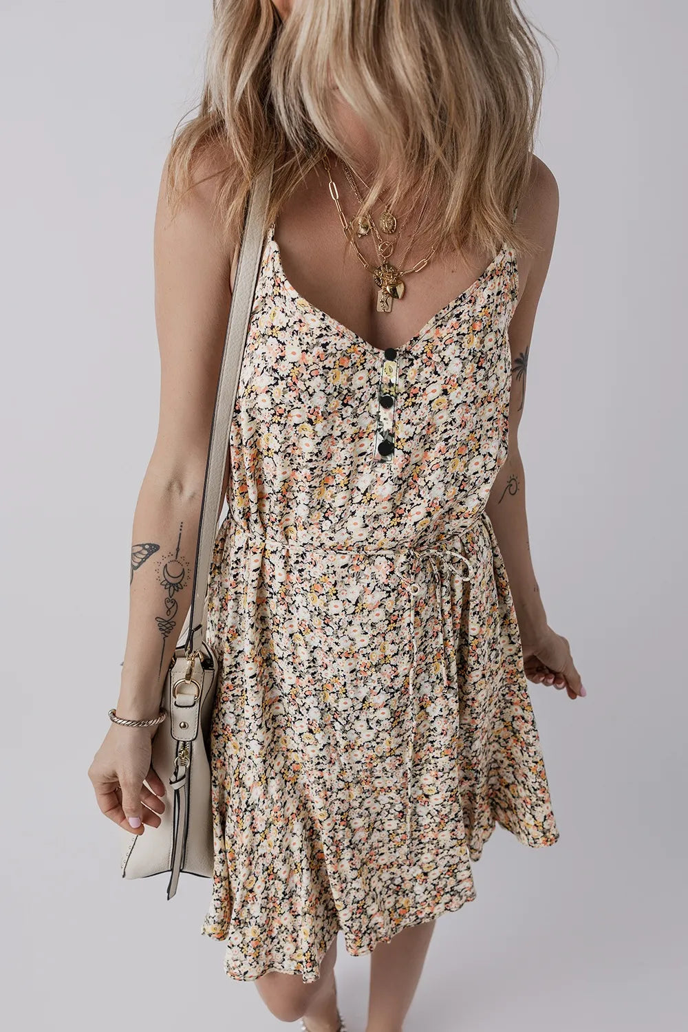 Boho Floral Printed Tie Waist Flared Sundress-Soul Flow Apparel