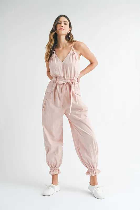 MABLE Washed Fabric Spaghetti Strap Waist Belted Jumpsuit-Soul Flow Apparel