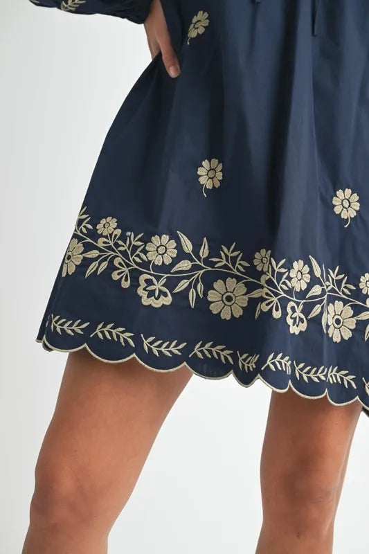 MABLE Embroidered Long Sleeve Peasant Mini Dress-Soul Flow Apparel