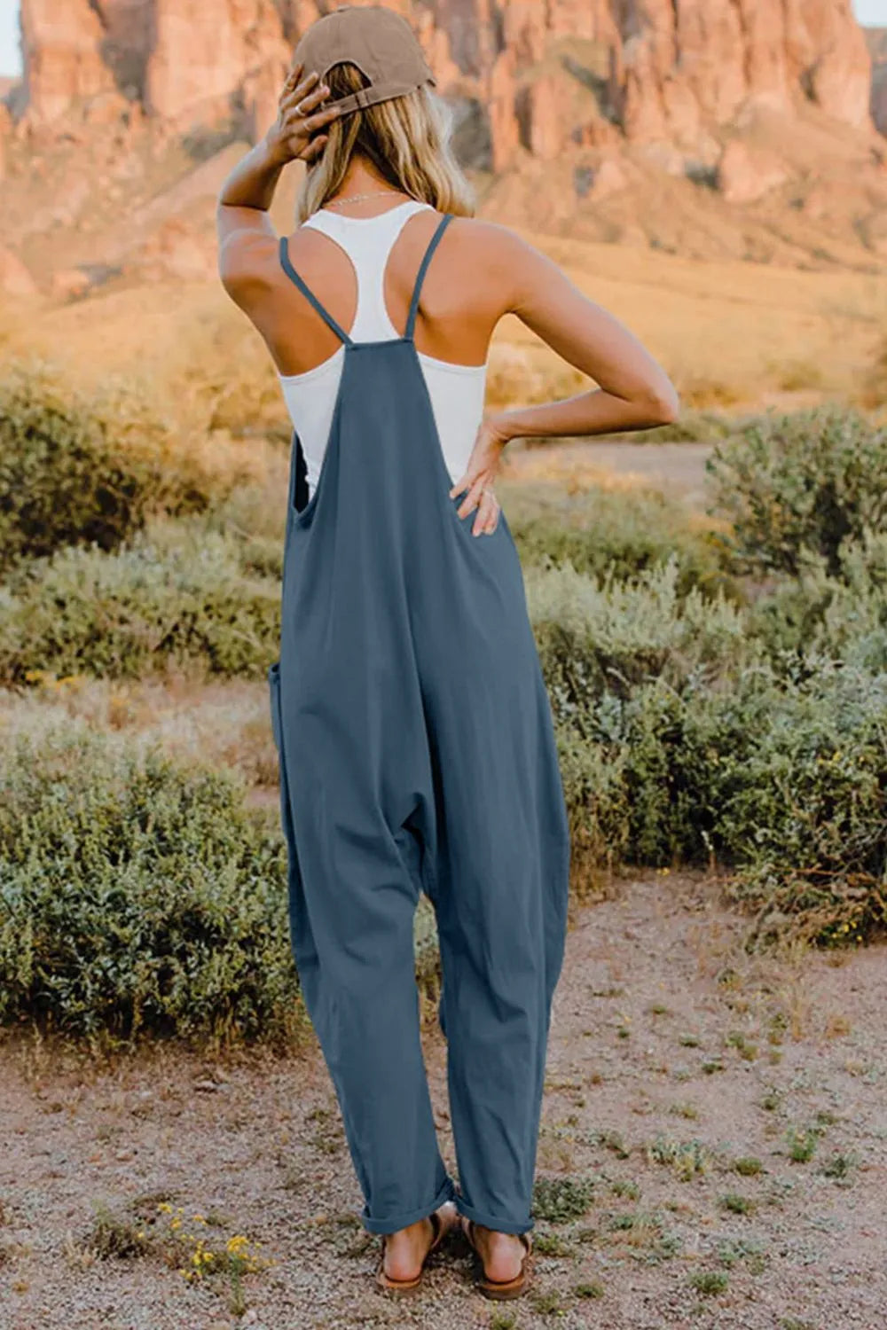 Double Take Full Size V-Neck Sleeveless Jumpsuit with Pockets-Soul Flow Apparel