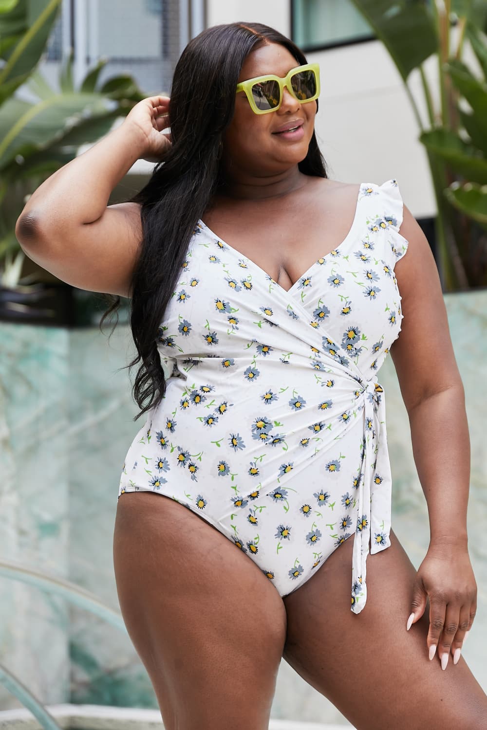 Marina West Swim Float On Ruffle Faux Wrap One-Piece in Daisy Cream-Soul Flow Apparel