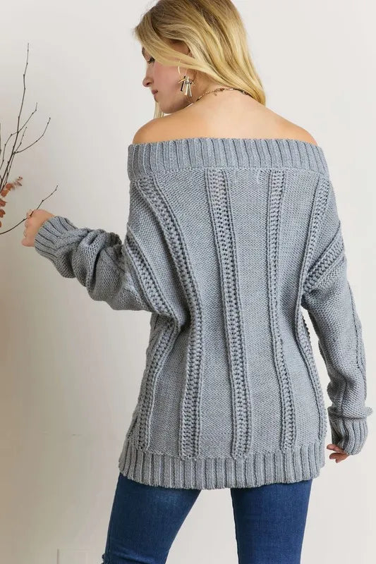Trendsi off shoulder cable knit sweater in gray with a relaxed fit and ribbed hem