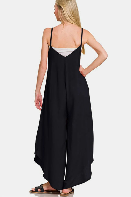 Zenana Spaghetti Strap Wide Leg Overalls with Pockets-Soul Flow Apparel
