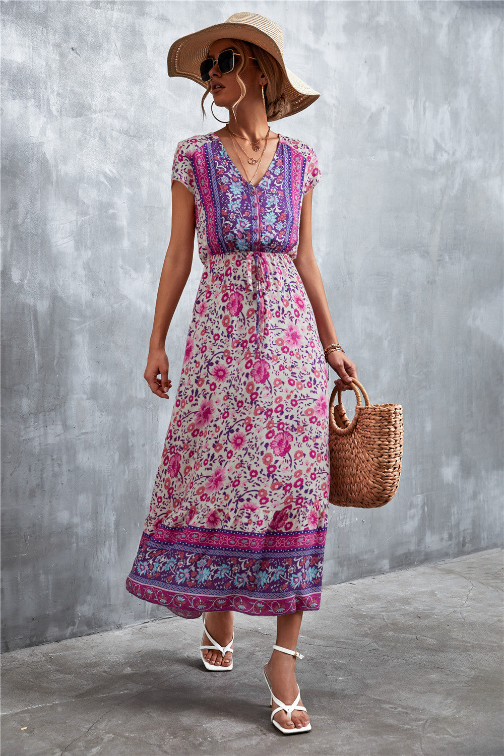 V-Neck Short Sleeve Printed Maxi Dress-Soul Flow Apparel