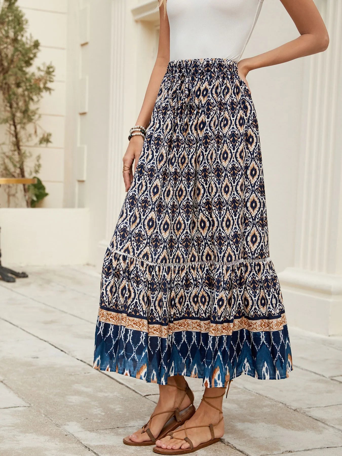 Bohemian Printed Ruched Maxi Skirt-Soul Flow Apparel