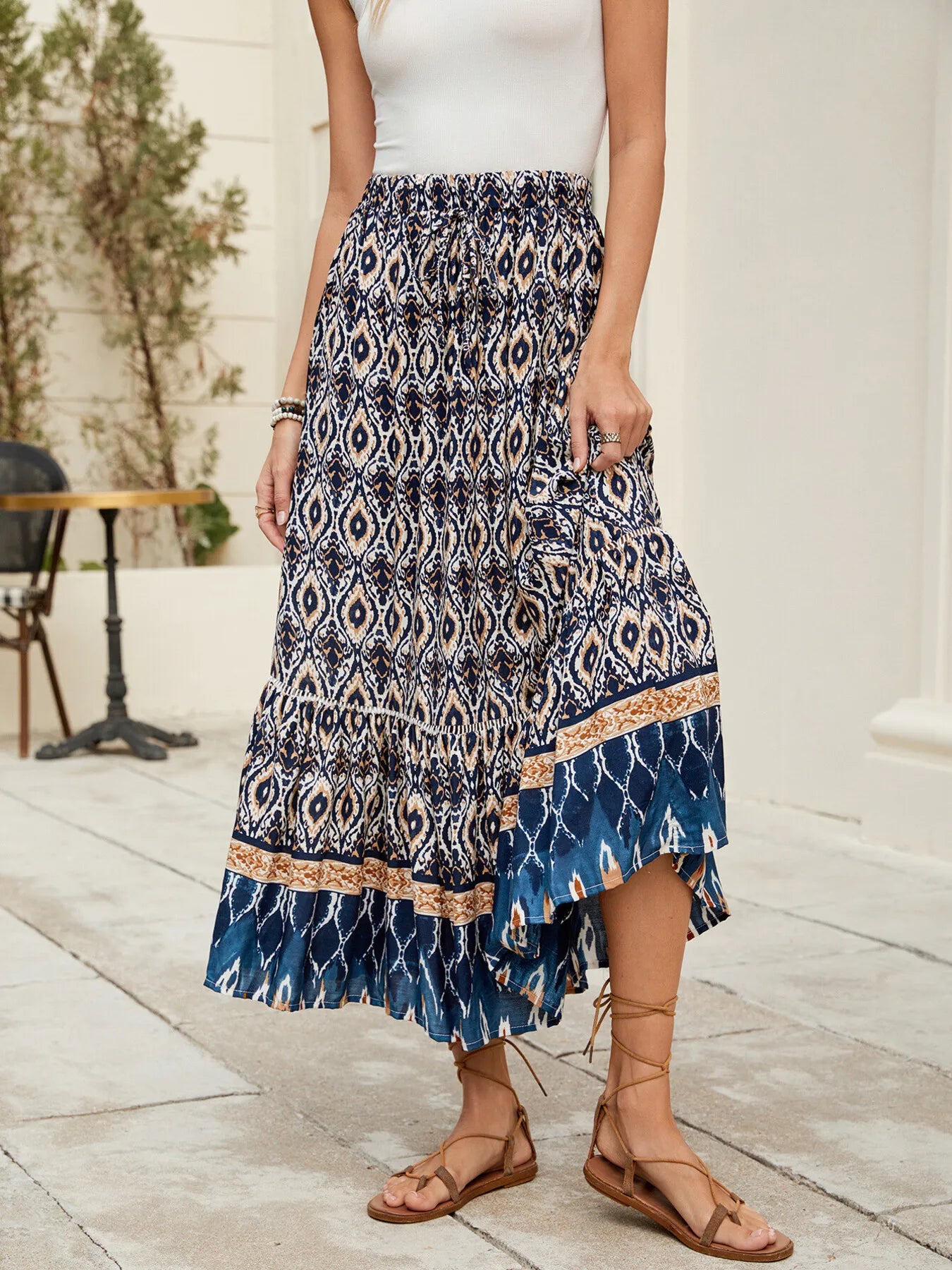 Bohemian Printed Ruched Maxi Skirt-Soul Flow Apparel