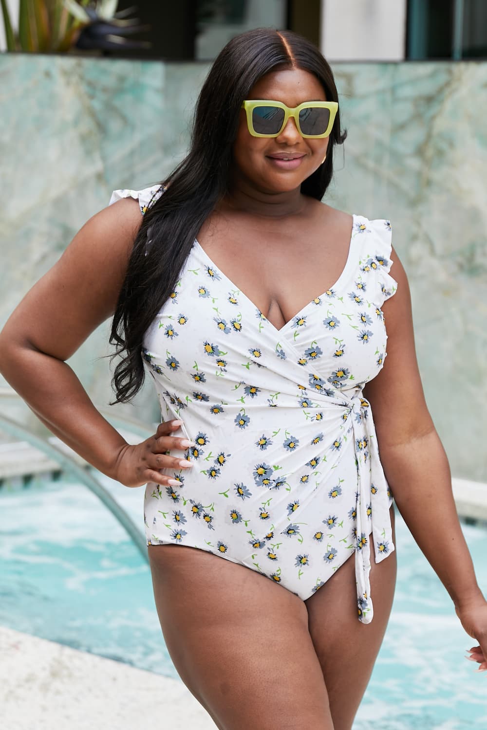 Marina West Swim Float On Ruffle Faux Wrap One-Piece in Daisy Cream-Soul Flow Apparel