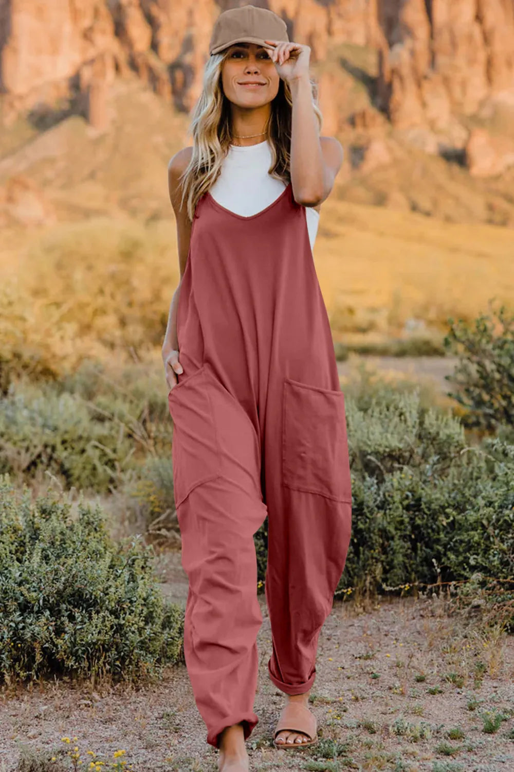 Double Take Full Size V-Neck Sleeveless Jumpsuit with Pockets-Soul Flow Apparel