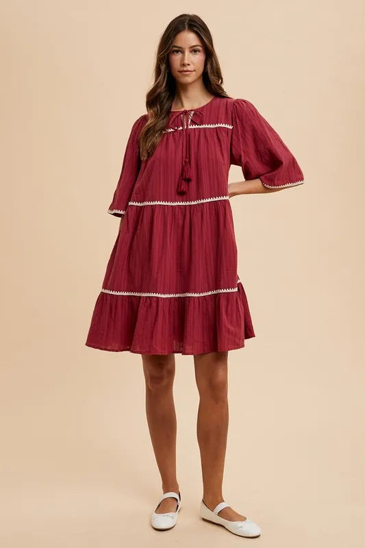 Annie Wear Tassel Contrast Trim Tie Neck Half Sleeve Tiered Dress-Soul Flow Apparel