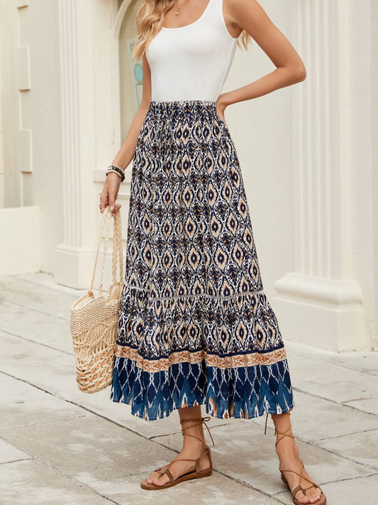 Bohemian Printed Ruched Maxi Skirt-Soul Flow Apparel