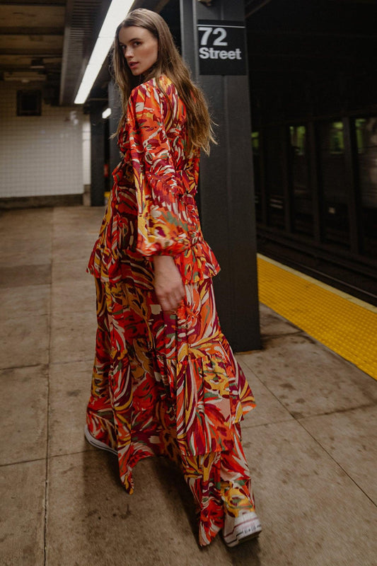 Wonderful Soul Woven Maxi Dress With V Neck Elastic Waist And Long Sleeves