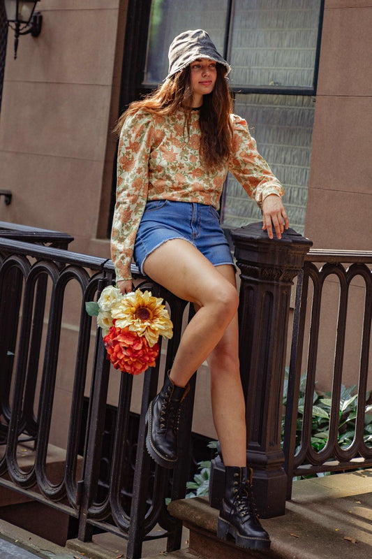 Officially Impressive Sweater Top With Printed Design And Long Puff Sleeves