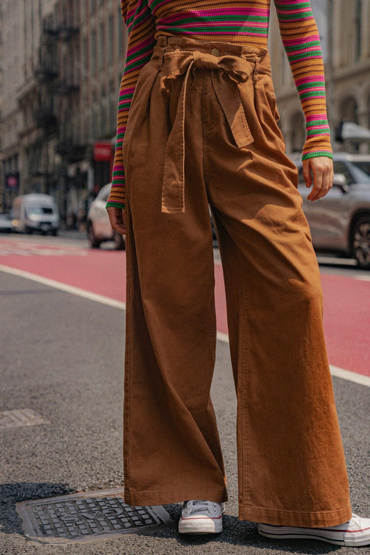 Big Moment Twill Pants High Waisted Paperbag Waist With Self Belt Wide Leg