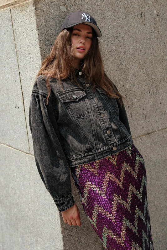See You Go Acid Wash Denim Jacket With Puff Sleeves And Front Pockets