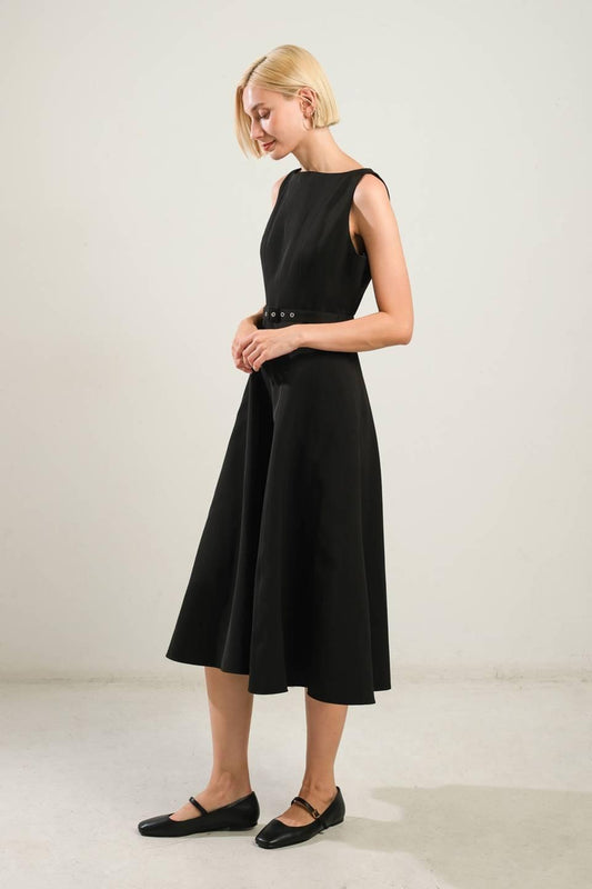 LIVING THE DREAM BLACK WOVEN MIDI DRESS