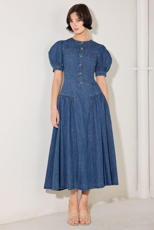 MIDDAY IN BLUE DENIM MIDI DRESS
