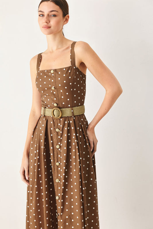 Parisian Dot Woven Midi Dress With Button Down Belt