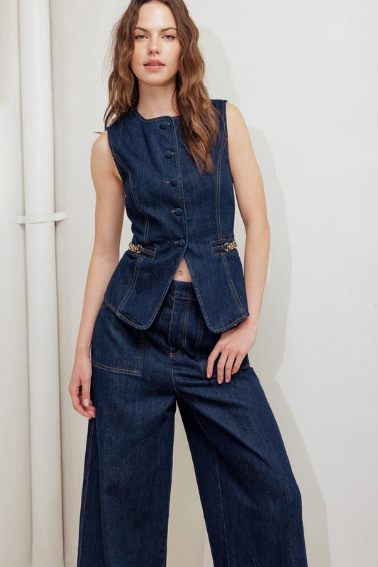 Indigo Icon Denim Vest in dark, view 8 — Soul Flow Apparel