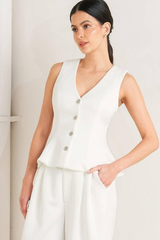 Pure Elegance Woven Vest in white, view 2 — Soul Flow Apparel
