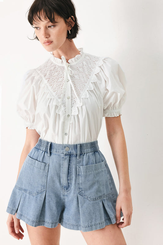 Girl Next Door Denim Short in light denim, view 1 — Soul Flow Apparel