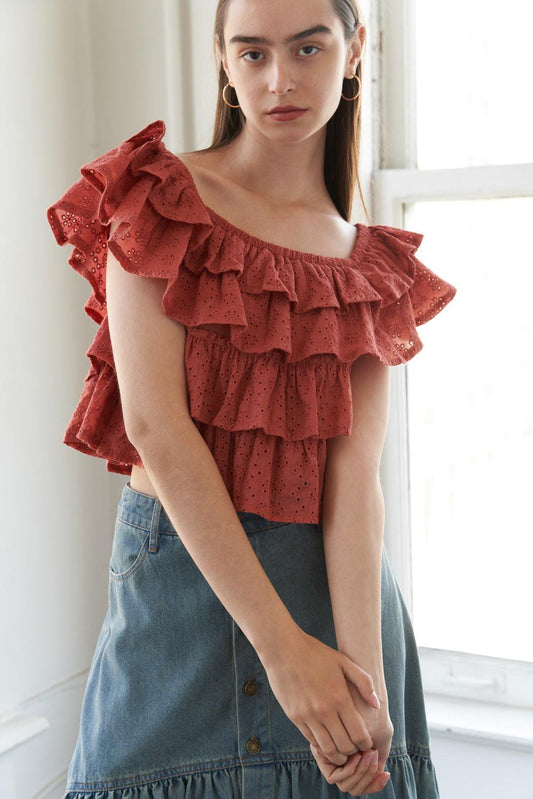 Lovely Existence Off Shoulder Top in rust, view 1 — Soul Flow Apparel