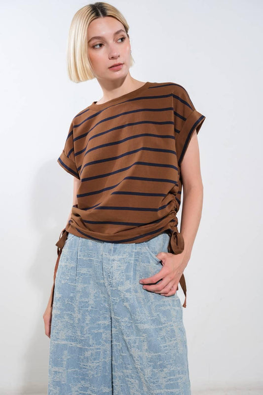 Good Luck Charm Knit Top in brown navy, view 6 — Soul Flow Apparel