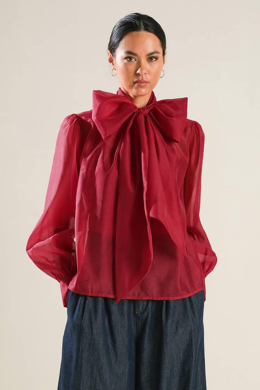 On This Day Organza Top in burgundy, view 1 — Soul Flow Apparel
