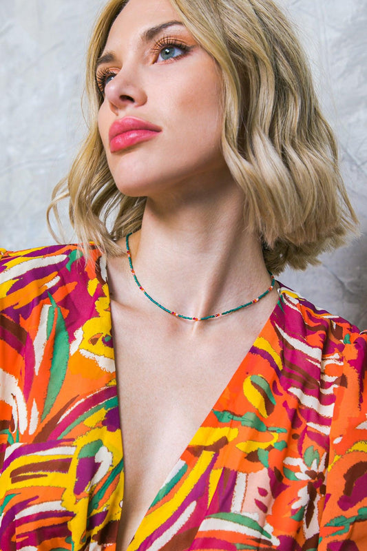 Boho Flex Green Southwest Turquoise Beaded Choker Necklace 16 Inch
