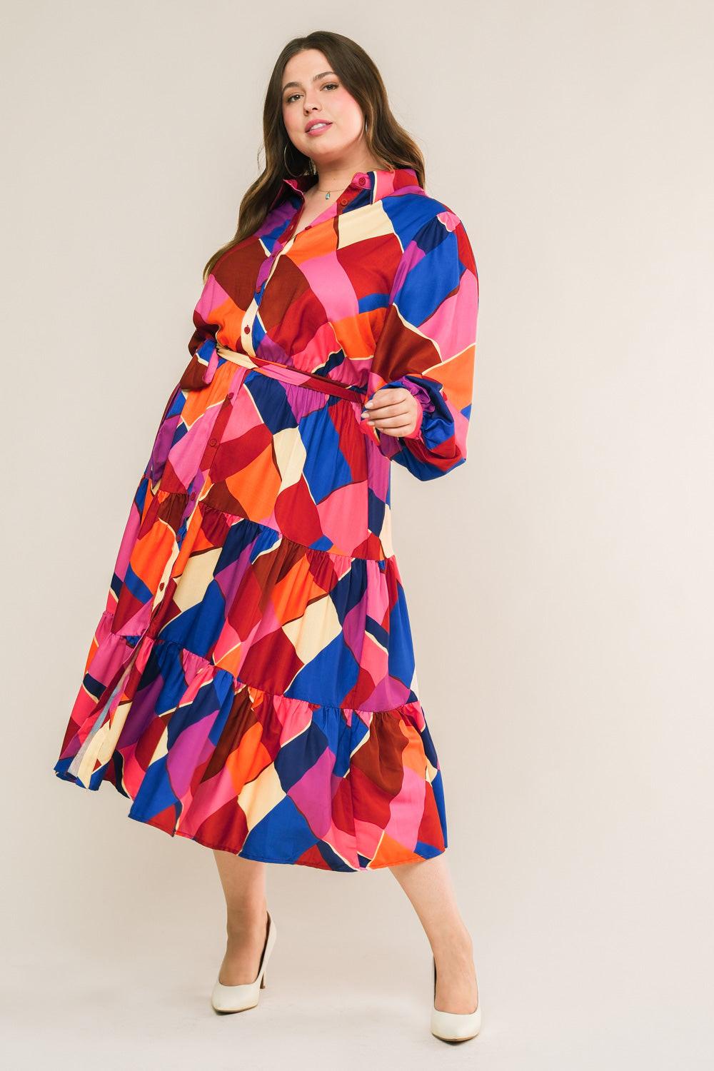 Wise Woman Printed Woven Midi Dress With Shirt Collar And Tiered Skirt