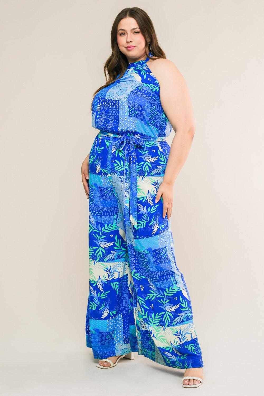 Kiss Me More Printed Woven Jumpsuit With Halter Neckline Bare Back Tie