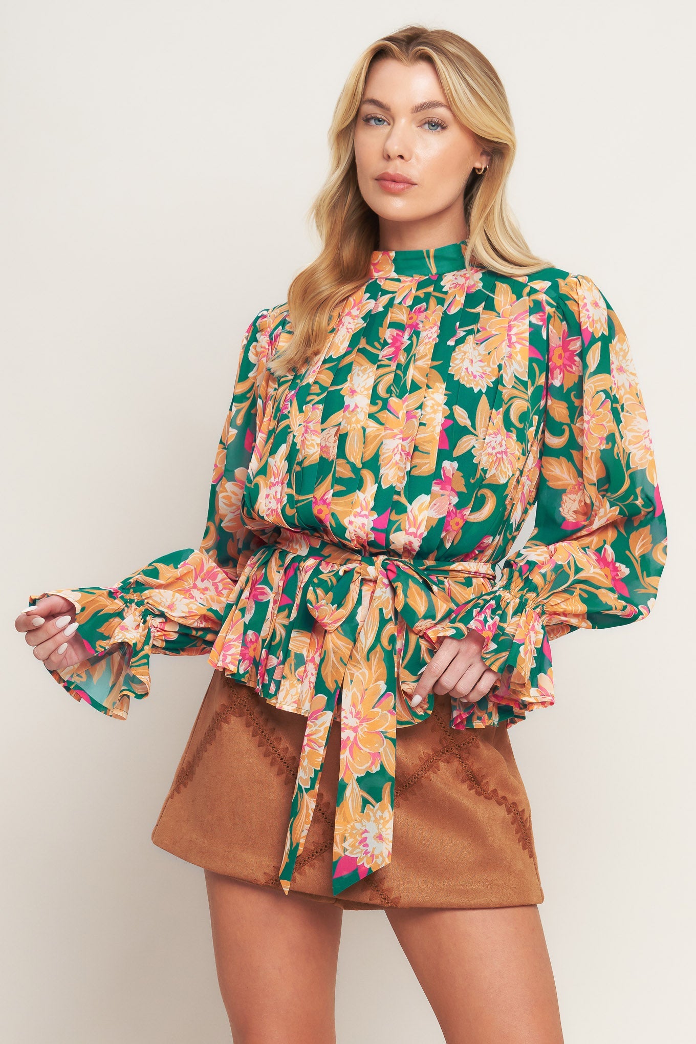 Miss Punctuality Woven Top With Pleated Body Long Sleeve And Ruffled Cuff