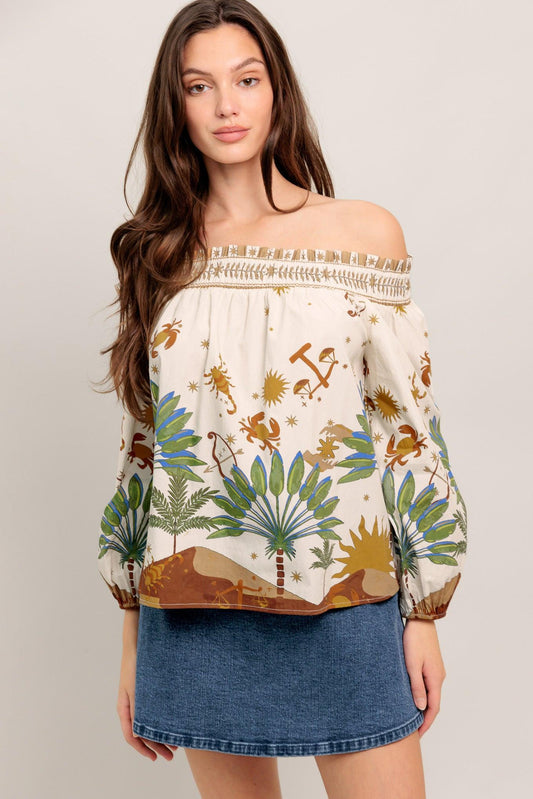 Sunlit Garden Woven Off Shoulder Top in cream, view 1 — Soul Flow Apparel