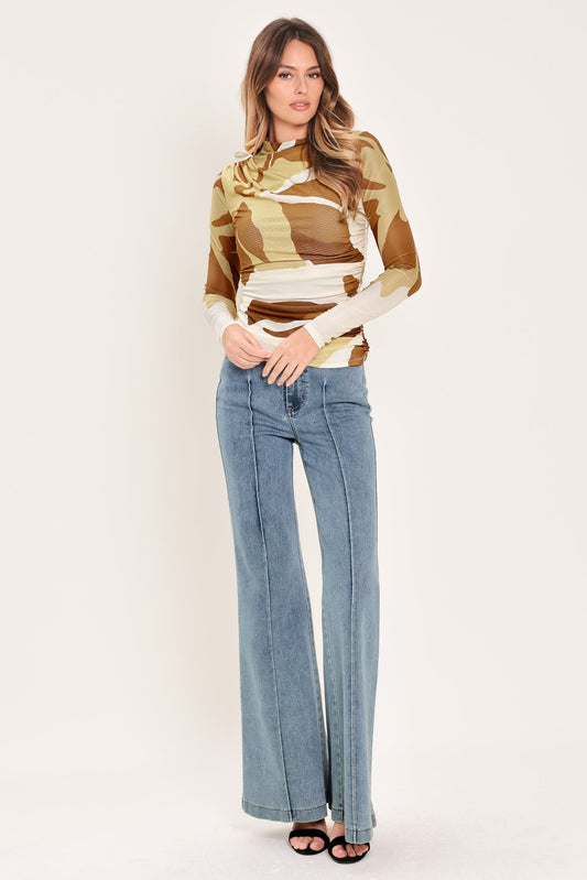 Toffee Tropics Woven Power Mesh Top in camel, view 6 — Soul Flow Apparel