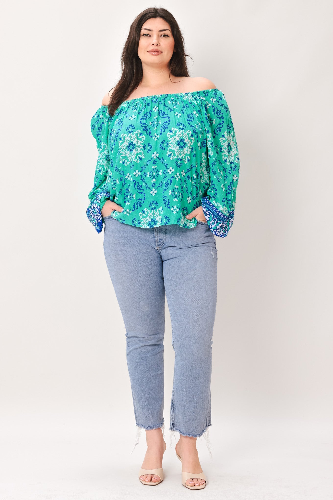 Send My Love Woven Top With Wide Neckline Long Sleeve And Ruffle Trim Rayon